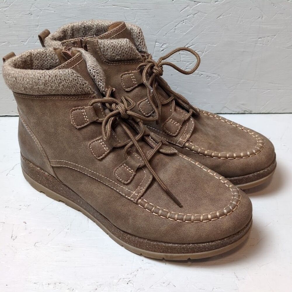 Euro Soft By Soft Lorelei Brown Faux Leather Suede Zip Lace Up Boots Women's 10